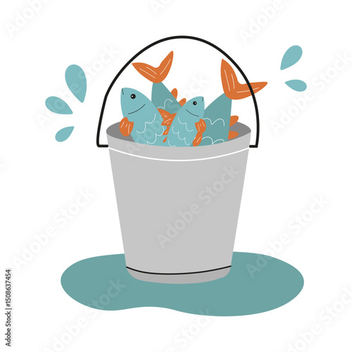 Bucket filled with colorful fish splashing in water during a sunny day at the beach.Flat style vector illustration.