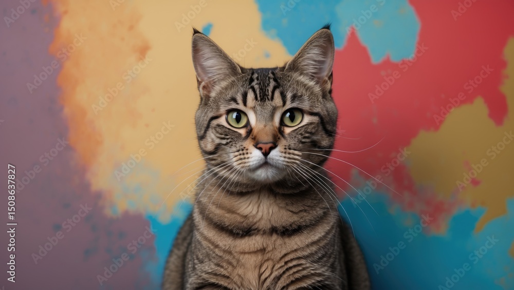 Fototapeta premium American shorthair cat posed against colorful backgrounds.