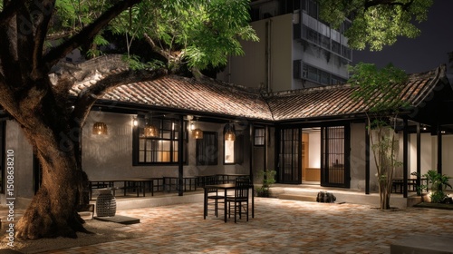 Charming Traditional Courtyard House at Night with Beautiful Lighting