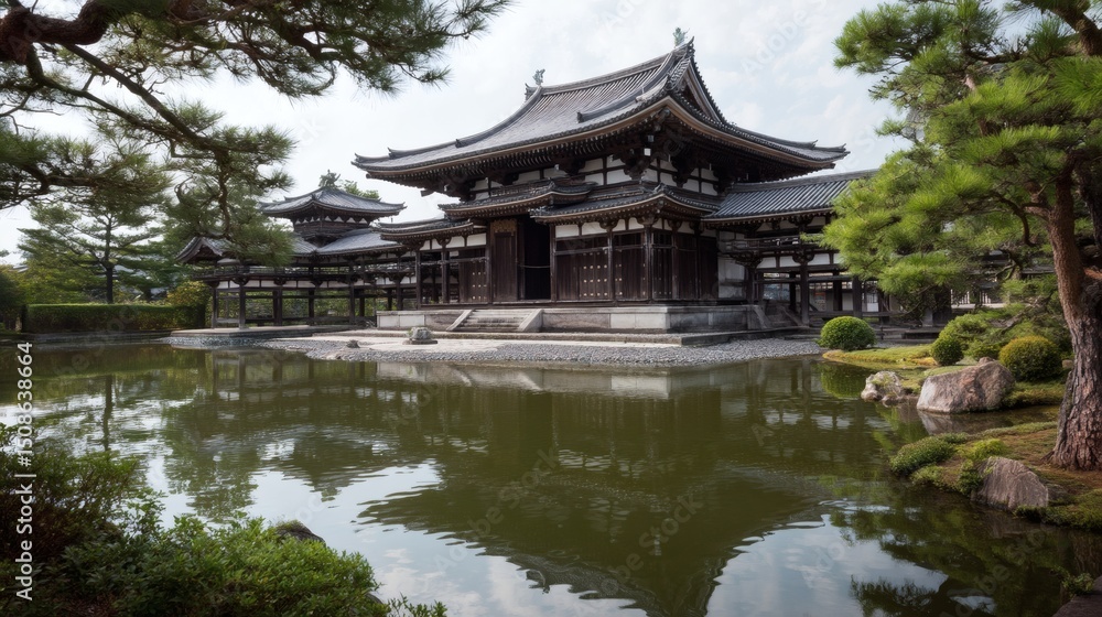 Traditional Japanese Architecture Surrounding Serene Reflective Pond Traditional Japanese Architecture Surrounding Serene Reflective Pond