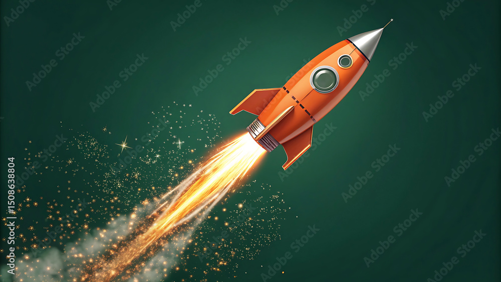 Fototapeta premium An orange retro style spaceship in flight with exhaust on a green background suitable for many concepts.
