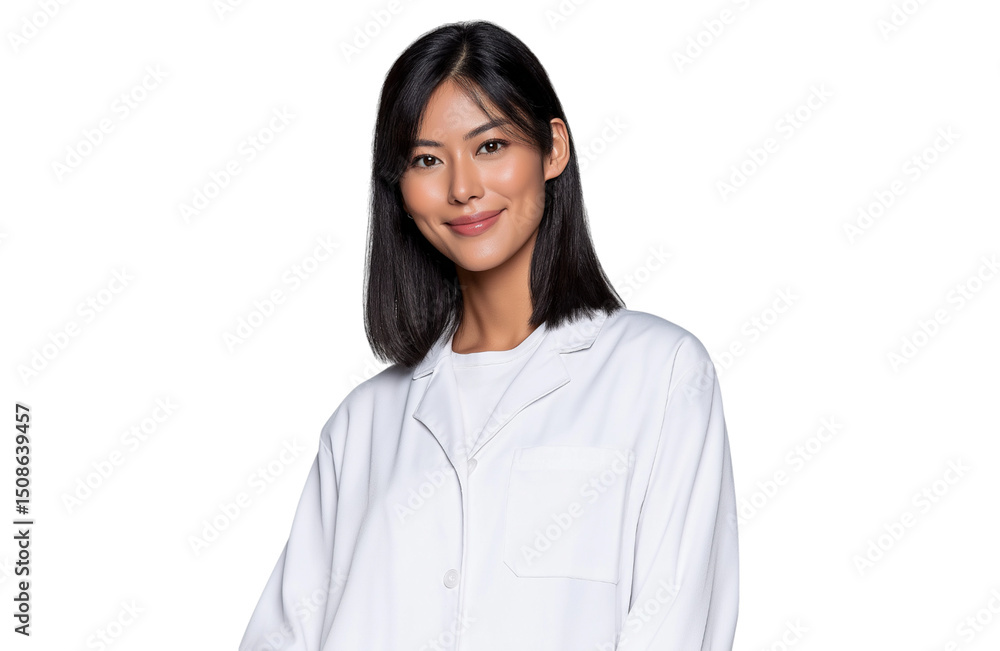 Studio portrait of a professional Japanese female doctor smiling, isolated on transparent background Studio portrait of a professional Japanese female doctor smiling, isolated on transparent background