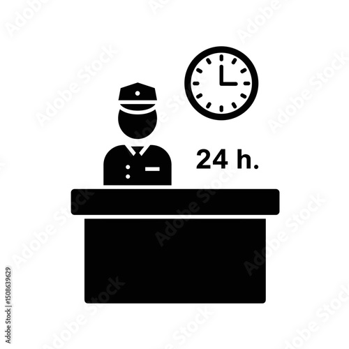 Hotel Receptionist Icon with Clock, Minimalist Monochrome, Symbol for 24-Hour Service, Round-the-Clock Hospitality Support, Use on Travel Websites, Booking Apps, Hotel Interfaces, Travel Guides