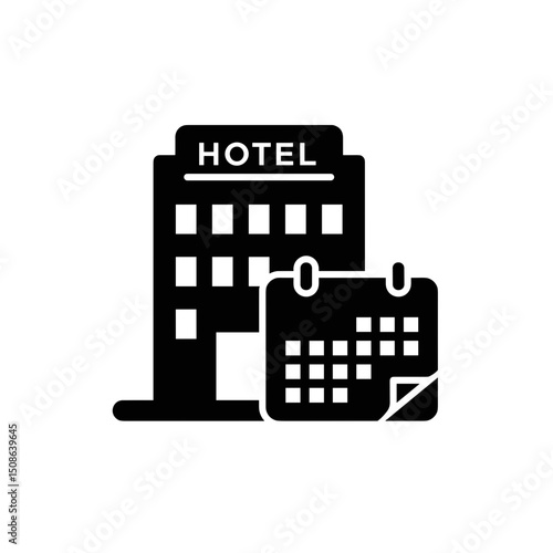 Hotel Booking Icon, Building with Calendar, Minimalist Black Graphic, Representing Travel Accommodation Reservation, For Websites, Booking Platforms, Hotel Interfaces, Travel Blogs 