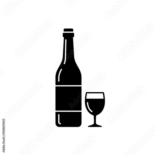 Wine Bottle and Glass Icon, Minimalist Black Graphic, Symbol for Hotel Bar Amenity, Use on Travel Websites, Booking Apps, Hospitality Design, Travel Blogs 