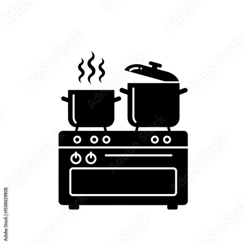 Stove with Cooking Pots, Minimalist Monochrome Graphic, Kitchenette Amenity Icon, Hotel Room Facilities, Travel Booking Websites and Applications