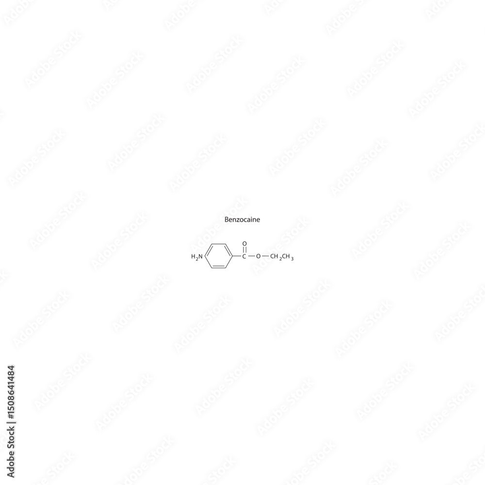 Benzocaine skeletal formula. Simple schematic illustration of local anesthetic drug molecule. Benzocaine skeletal formula. Simple schematic illustration of local anesthetic drug molecule.