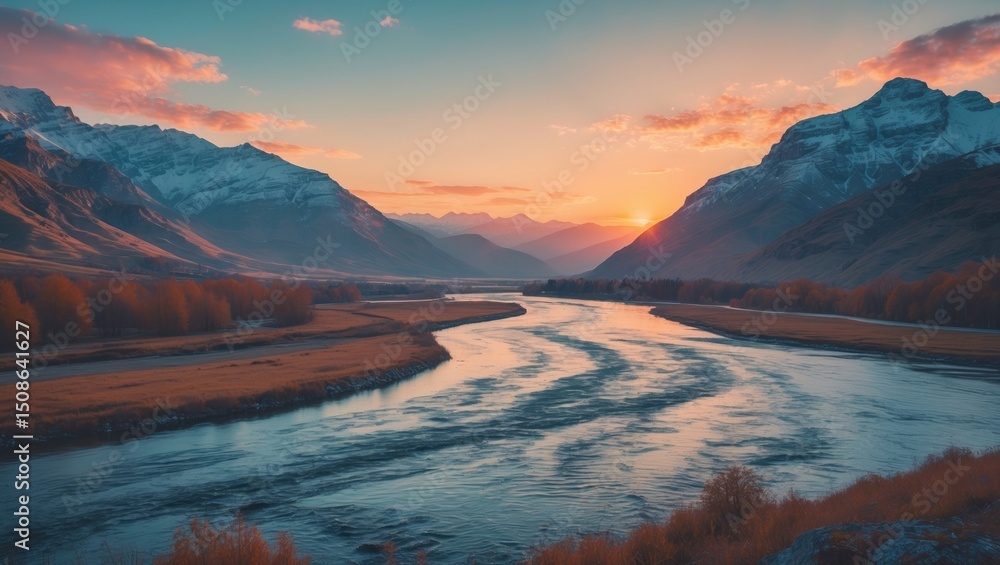 Obraz premium Sunset landscape over a river meandering through the mountains. Features blank space available for text.