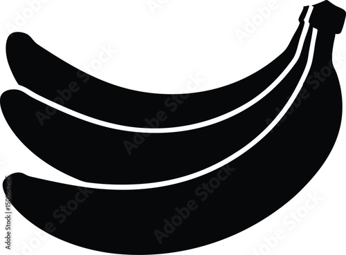 Three ripe bananas hang together; the monochrome silhouette is isolated on transparent background