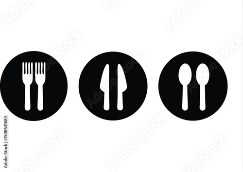 Two forks, two knives, and two spoons are displayed in black circles