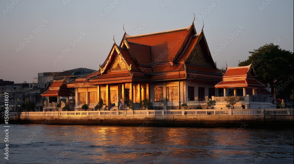 Fototapeta premium Stunning Traditional Thai Architecture by the Riverside at Sunset