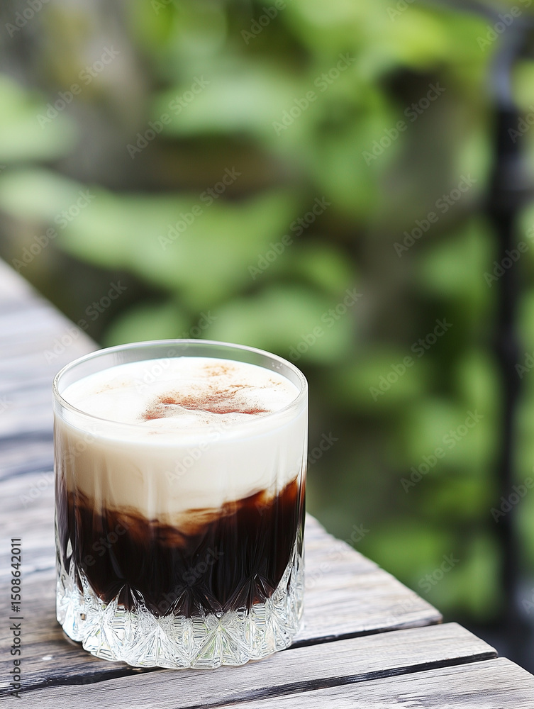 White russian cocktail standing on wooden table in tropical garden White russian cocktail standing on wooden table in tropical garden