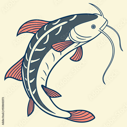 Vector art illustration of a catfish swimming in a stylized design perfect for fishing and wildlife enthusiasts alike