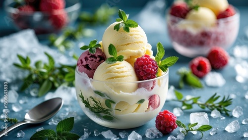 Cold Ice Cream Sorbet made of herbs and frozen fruits with empty space for text. photo