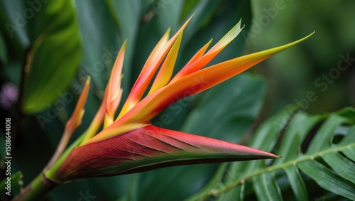 Close-up of a Heliconia tropical flower on a natural green background with empty space for text. photo