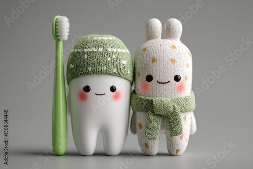 Cartoon tooth character with hat and bunny toy with toothbrush on gray background.