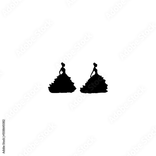 Silhouette of a young pretty woman in long dress with frill, fluffy skirt. Bride silhouette in luxury ball gown for design