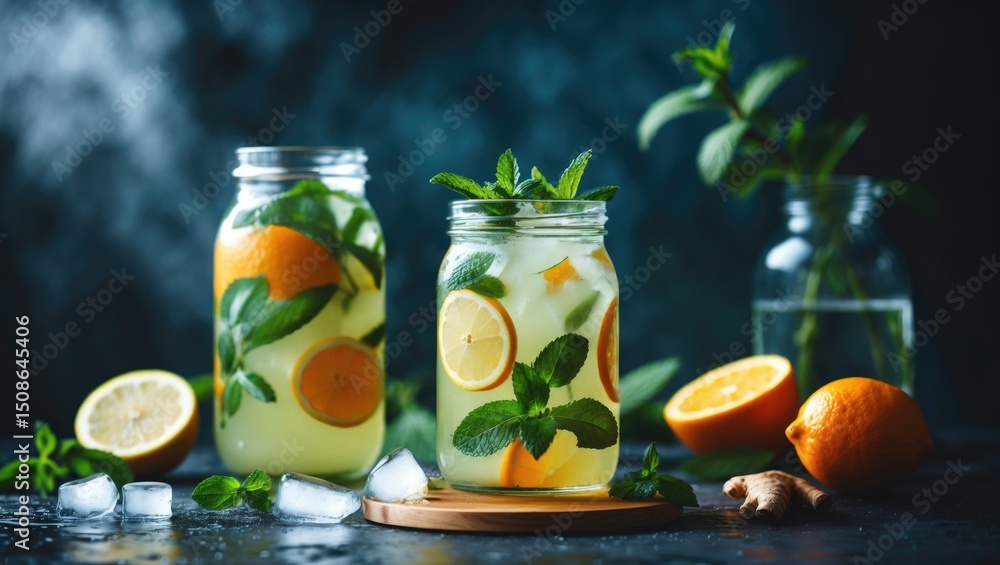 Fototapeta premium Fresh Lemonade With Mint, Ginger, Orange And Ice In Glass Jar with Empty Copy Space for Text
