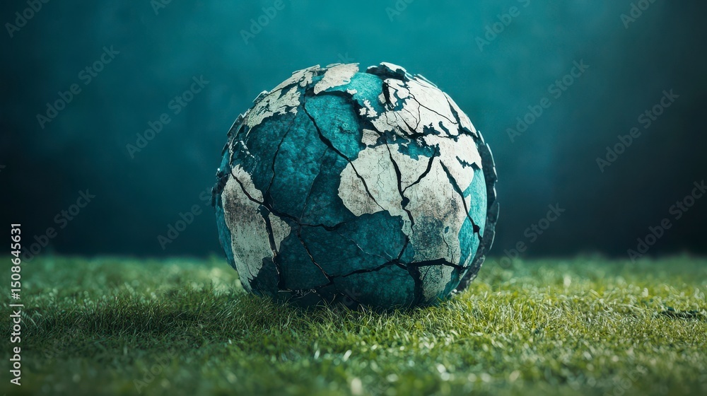 Fototapeta premium A broken soccer ball with a globe on top of it. The globe is cracked and the ball is missing pieces. Concept of destruction and loss, as the soccer ball, which is a symbol of unity and teamwork
