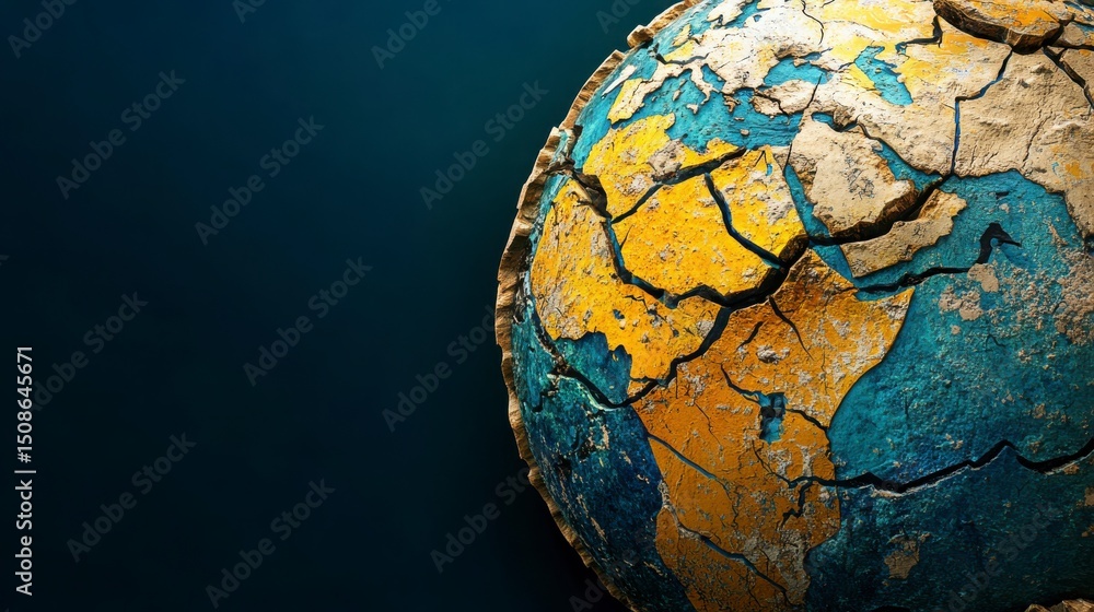 Fototapeta premium A broken globe with a blue background. The globe is cracked and has a yellow and blue color scheme