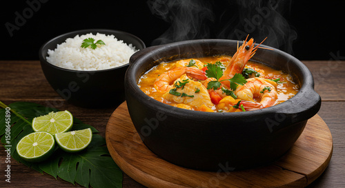 Moqueca baiana com peixe e camarão servida em panela de barro fumegante com arroz e pirão ao lado