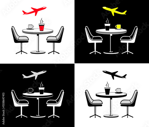 Airport cafe scene icon with airplanes and coffee cups for travel and vacation concept,  vibrant colors and monochrom designs, contrasting background
