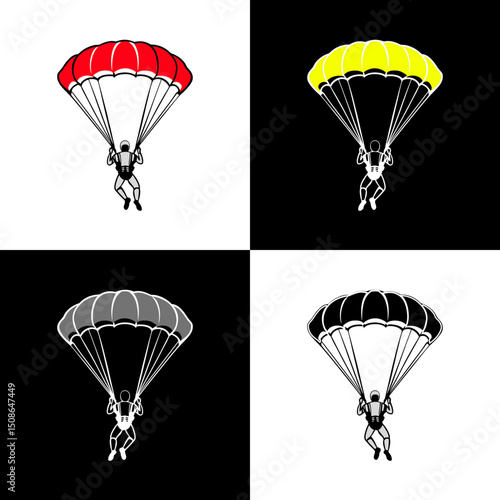 Parachute jump icon with skydiver for sports and excitement concept,  vibrant colors and monochrom designs, contrasting background
