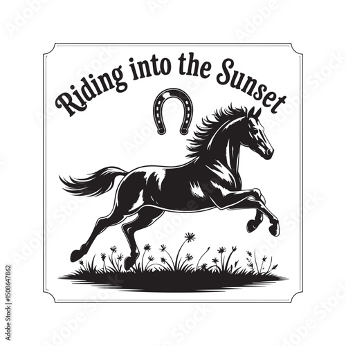 Vintage black horse outline vector for sublimation prints.