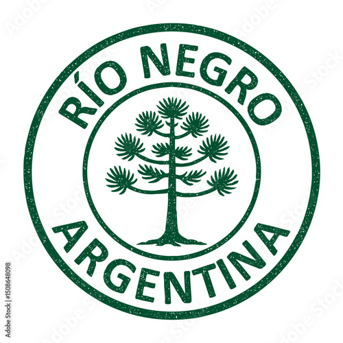 Río Negro, Patagonia, Argentina, grunge rubber stamp from Argentina with araucaria pine tree or pehuén on transparent background, vector illustration green