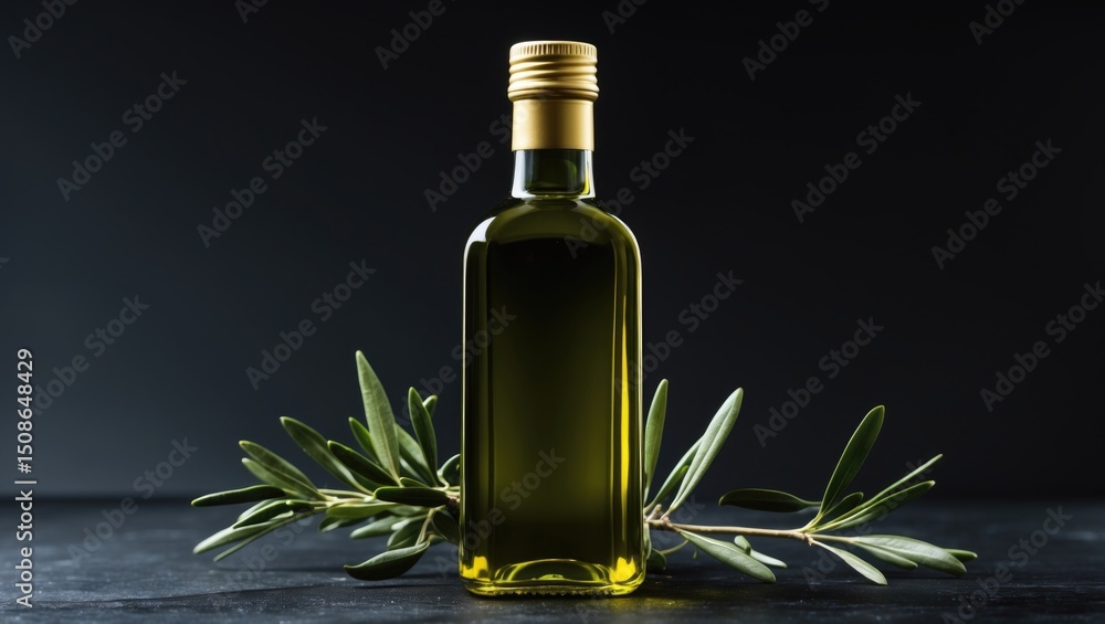 A bottle of extra virgin olive oil isolated on black with olive leaves. A bottle of extra virgin olive oil isolated on black with olive leaves.