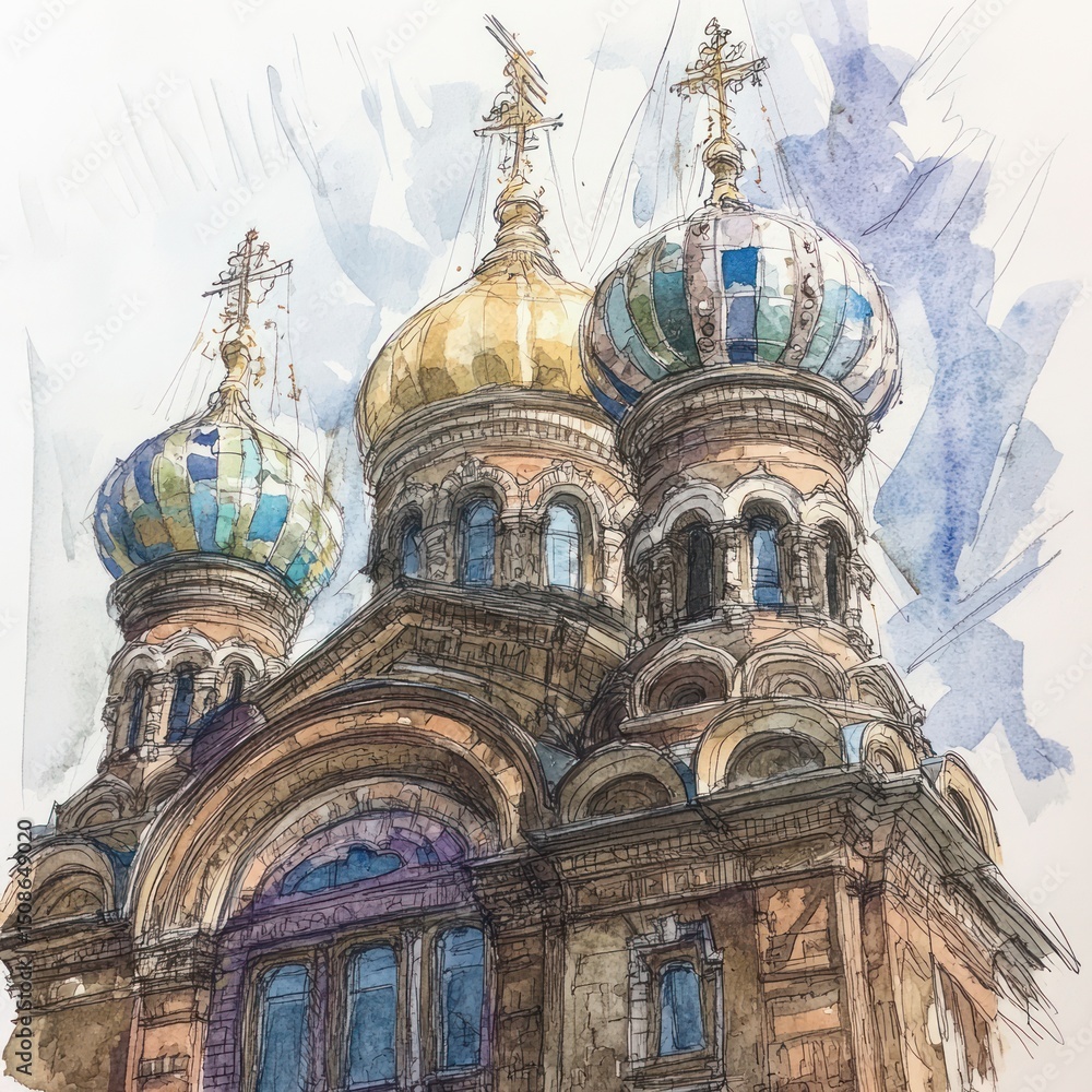 Fototapeta premium A Watercolor Sketch of an Ornate Church Under a Cloudy Sky