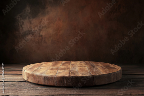 Round wooden podium on earthy background