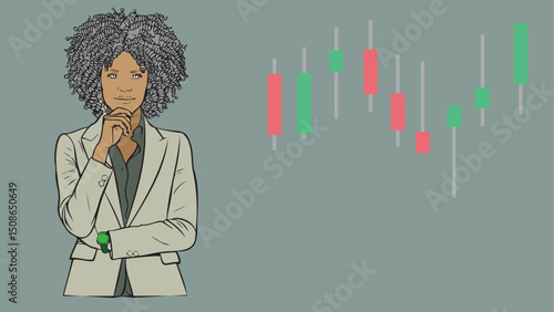 A business woman stockbroker or investor is thinking beside a stock chart candlestick
