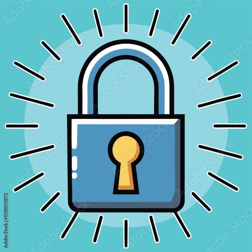 Padlock icon with keyhole emitting light rays security
