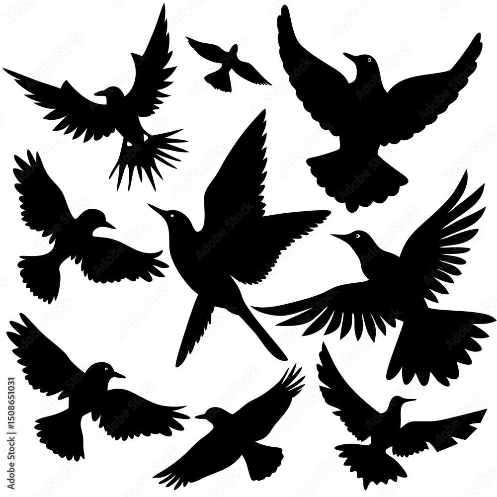 Obraz premium Silhouette avian vector art featuring flying birds illustration and graphic bird design elements collection