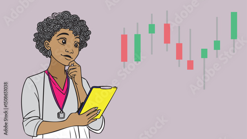 A business woman stockbroker or investor is thinking beside a stock chart candlestick