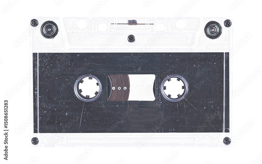 Fototapeta premium Old cassette tape case on black background. Isolated music transparent mockup. Clean cover box template.