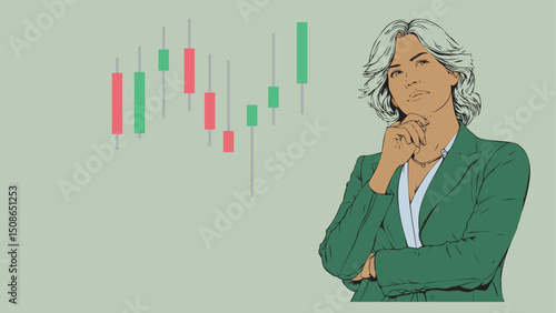 A business woman stockbroker or investor is thinking beside a stock chart candlestick