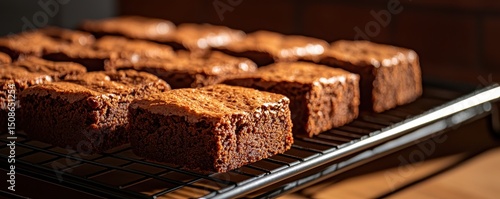 National brownie day with homemade chocolate idea. Freshly baked brownies cooling on a wire rack.