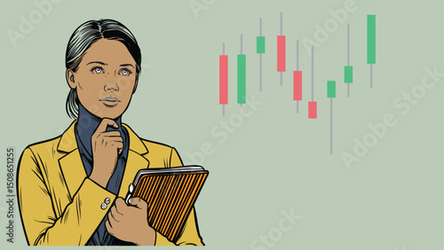 A business woman stockbroker or investor is thinking beside a stock chart candlestick