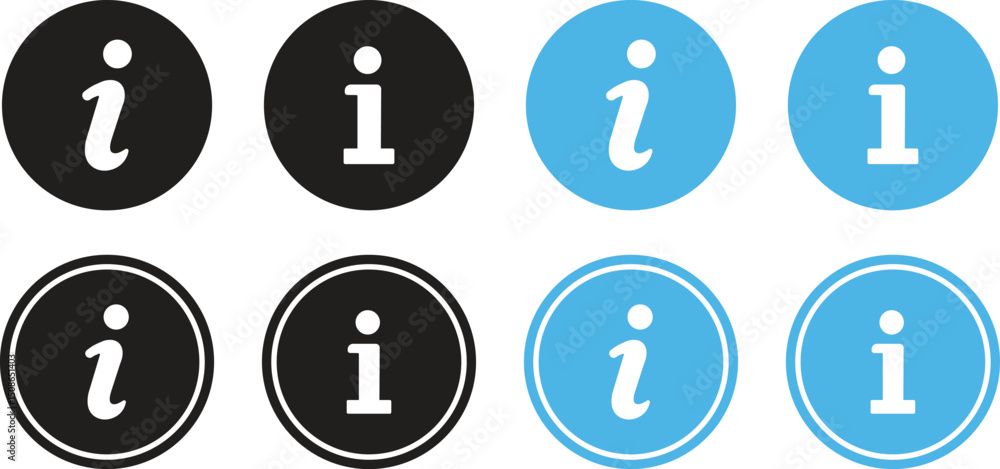 Information button icon set. Blue and black round information icon buttons isolated on transparent background. Info symbol. Information help vector illustration. Information button icon set. Blue and black round information icon buttons isolated on transparent background. Info symbol. Information help vector illustration.