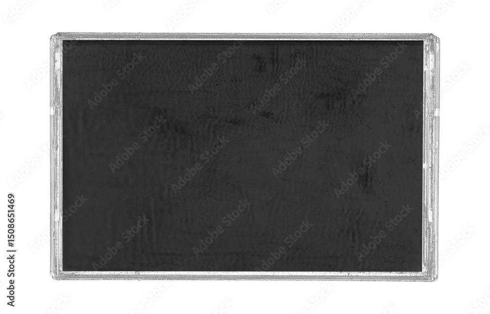 Fototapeta premium Old cassette tape case on black background. Isolated music transparent mockup. Clean cover box template.