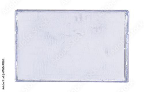 Old cassette tape case on black background. Isolated music transparent mockup. Clean cover box template.