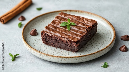 National brownie day with homemade chocolate idea. Delicious chocolate brownie on a plate with mint garnish.