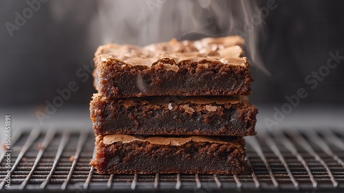 National brownie day with homemade chocolate idea. Stacked brownies with steam rising above them.