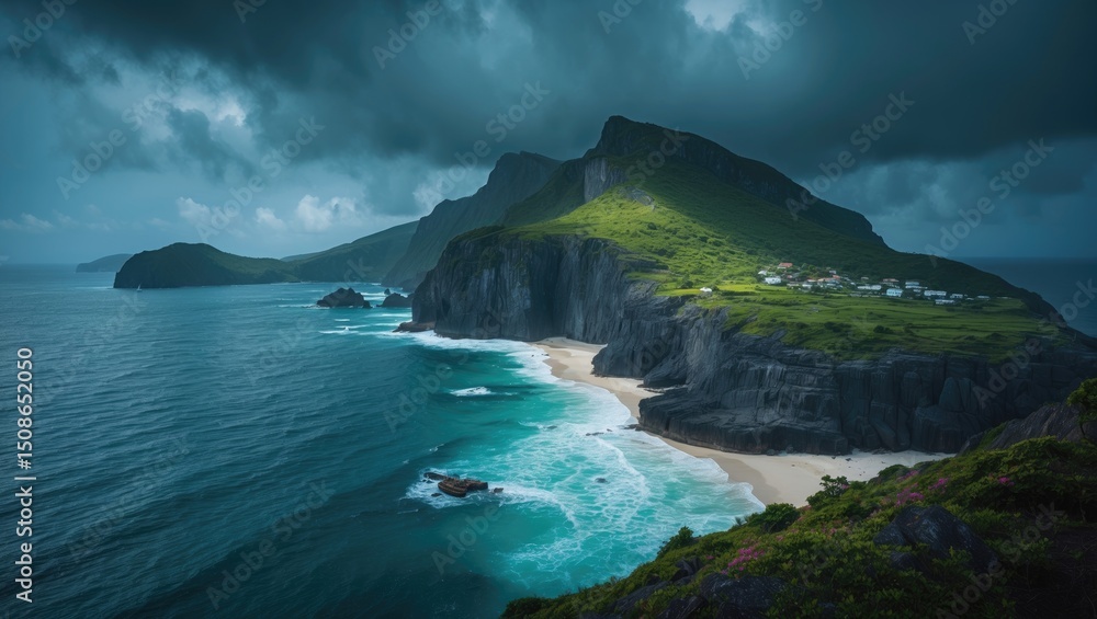 Obraz premium A tip of the island, the home of the descendants of the Mutiny on the Bounty, juts out to sea.