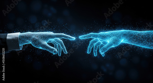 Digital Creation: Futuristic blue network hands touch in a digital rendering of technological connection and innovation against a black backdrop.