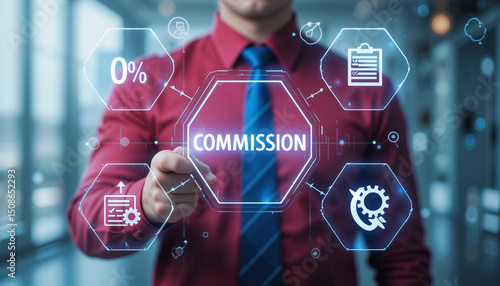 Business person using virtual touch screen push button with word COMMISSION. Commission Business Finance Concept. Achieving low commission