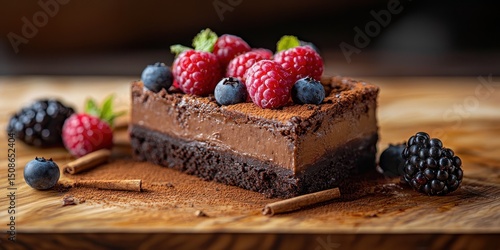 National brownie day with homemade chocolate idea. Decadent chocolate brownies topped with fresh berries.