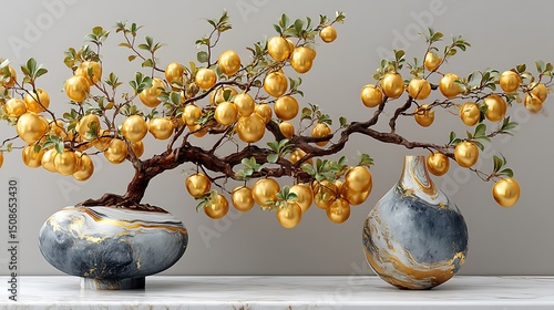 Exquisite home decor tree with golden orbs and marble vase high resolution photo